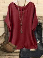 Plus Size, Plus Size Women'S Casual Summer Batwing Sleeve Blouse - Olive Green Solid Color Round Neck Short Sleeve Shirt, Machine Washable & Dry Cleanable, Elegance Collection - Image 3