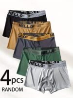 4Pcs Men'S Boxer Briefs - Stylish "Hello" Waistband Design, Breathable & Stretchy Polyester-Spandex Blend, Comfort Fit Underwear In Assorted Colors (Black, Orange, Gray, Green) - Machine Washable - Image 3