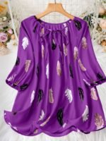 Elegant Notched Collar Polyester Non-Stretch Shirting Blouse With Print For Plus Size - Image 3