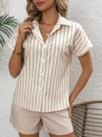 Women'S French Polo Shirt With Batwing Sleeves, Striped Print, 100% Polyester, Regular Length, Button Detail, Woven Fabric, 120G/M?, Spring/Summer/Fall Season - Image 6
