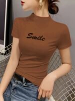 Chic Embroidered "Smile" Mock Neck T-Shirt For Women - Vibrant Orange, Short Sleeve, Slim Fit, Casual Spring/Summer Top, Machine Washable, Polyester & Spandex Blend - Image 6