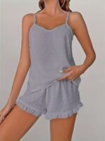 Women'S Plus Size Lace Trim Cami Pajama Set - Soft Polyester, Solid Color, Ruffled Detail, Comfortable Sleepwear For Spring/Summer/Fall, Relaxed Fit Pajamas | Ruffled Detail Clothing | Smooth Texture Fabric - Image 8