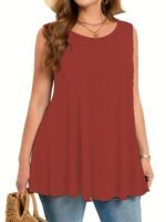 Plus Size Women'S Stretchy Sleeveless Round Neck Tank Top - Solid Color Casual Vacation Wear, Machine Washable Spring/Summer Tops, Ladies Tank Tops, Summer Plus Top, Flowy Fabric Top, Nontransparent Fabric, Travel Clothing, Relaxed Fit, Breathable Material, Warm Weather Outfits