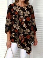 Plus Size Women'S Casual Elegant Floral Print Round Neck Blouse - Navy Blue & White Summer Top, Machine Washable Non-See-Through Fabric, Relaxed Fit For Casual Attire, Comfortable Daily Apparel | Nontransparent Material, Floral Print Blouse - Image 10
