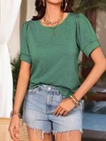Crew Neck Solid T-Shirt, Elegant Ruched Short Sleeve Top For Spring & Summer, Women'S Clothing