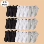 8/10/16/20/24 Double Black And White Gray Solid Color Love Couple'S Japanese Cute Breathable Odor Proof Ins Style Versatile Women'S Short Socks For Daily Use - Image 12