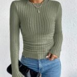 Women'S Elegant Ribbed Pullover Sweater - Solid Color Round Neck Long Sleeve, Medium Stretch Machine Washable Fall Winter Tops For Casual & Formal Wear, Sweater, Everyday Comfort Wear, Textured Fabric