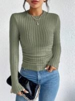 Women'S Elegant Ribbed Pullover Sweater - Solid Color Round Neck Long Sleeve, Medium Stretch Machine Washable Fall Winter Tops For Casual & Formal Wear, Sweater, Everyday Comfort Wear, Textured Fabric