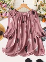 Elegant Notched Collar Polyester Non-Stretch Shirting Blouse With Print For Plus Size