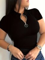 Women'S Solid Red V-Neck Zip-Up Short Sleeve T-Shirt - Middle Eastern-Inspired Elegance Collection, Machine Washable Spring/Summer Casual Top, Everyday Comfort Wear, Easycare Fabric, Comfortable Fit Shirt - Image 3