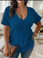 Plus Size V-Neck Casual Elegant Women'S Top - Stretchy Fabric, Machine Washable, All-Season Versatile Blouse For Everyday & Formal Wear, Ribbed Texture, Medium Elasticity - Image 10