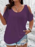 Plus Size Solid Cold Shoulder T-Shirt, Casual Crew Neck Short Sleeve T-Shirt, Women'S Plus Size?Clothing - Image 5