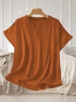 Elegant Plus Size Women'S V-Neck Short Sleeve Blouse - Light Gray, Casual & Stylish For Spring/Summer, Relaxed Fit With Half-Sleeve Design, Casual Wear | Relaxed Fit Top | Stylish Necklin - Image 9