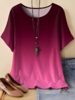 Plus Size, Oriented Plus Size Minimalist Two-Tone Print T-Shirt Spring/Summer Casual Round Neck Short Sleeve Top For Women, No Accessories Included - Image 5