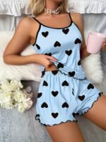 Women'S Blue & Black Heart Print Spaghetti Strap Pajama Set - Casual Polyester-Elastane Blend, Lightweight 145G/M?, Perfect For All Seasons, Adult Sleepwear | Heart Pattern Top | Elastane Comfort Fit - Image 2