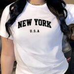 Women'S Casual Semi-Sheer T-Shirt With Bold "New York U.S.A." Letter Print - Round Neck, Medium Stretch, Machine Washable, All-Season Comfort Fit, Ladies T Shirts, Relaxed Fit Top, Trendy Graphic Tee, Mediumstretch Fabric