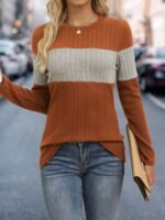Women'S Elegant Color Block Crew Neck Top, 95% Polyester 5% Elastane Knit Fabric, Regular Length, Solid Pattern, Fall/Winter Fashion, 160G/M? Weight - Image 2