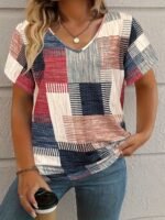 Plus Size, Plus Size Women'S Casual V-Neck Short Sleeve T-Shirt - Stretchy Patchwork Print Top With Lime Green & Purple Geometric Design, Machine Washable For Spring Summer Fall, Seasonal Fashion, Nontransparent Fabric, Highelastic Material - Image 2