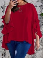 Plus Size Ruffle Sleeve Blouse, Casual Crew Neck Asymmetrical Hem Blouse For Spring, Women'S Plus Size?Clothing - Image 3
