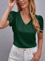 Elegant Casual Short-Sleeve Top For Women With Laser-Cut Scalloped Edges. - Image 5