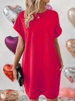 Dual Pocket Crew Neck Loose Dress, Casual Short Sleeve Dress For Spring & Summer, Women'S Clothing - Image 3