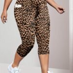 Plus Size High-Waisted Leopard Print Capri Pants With Side Pocket - Stretchy Casual Skinny Jeans For Spring/Summer/Fall, Casual Wear|Leopard Print Pants|Stretchy Fabric