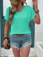 Women'S Chic V-Neck Short Sleeve T-Shirt - Solid Color, Casual Summer Top In White, Perfect For Spring & Summer Outfits, Ladies T Shirts - Image 3