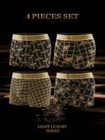4Pcs Men'S Luxury Black & Golden Boxer Briefs - High-Elasticity, Comfortable Polyester-Spandex Blend, Non-Transparent With Unique Geometric & Floral Prints - Stylish Casual Underwear - Image 3