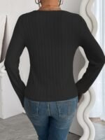 Women'S Chic Ribbed V-Neck Slim Fit Top - Elegant Long Sleeve, Solid Black, Perfect For Fall/Winter Fashion, Stylish Layering Piece - Image 6