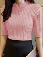 Women'S Elegant Rib-Knit T-Shirt, Polyester 100% Skinny Fit Half Sleeve Tops, Solid Crew Neck Knit Pullovers, All-Season Stretchy T-Shirt With Pleated Hem, 350G/M? Fabric Weight - Image 4