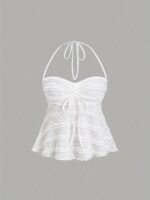 Nianian Select Y2K Off-Shoulder Halter Neck Tank Top - Solid Color Ruffled Bow Detail, Machine Washable Lightweight All-Season Women'S Sexy Backless Top - Image 6