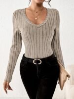 V Neck Slim Ribbed T-Shirt, Elegant Solid Long Sleeve Top For Spring & Fall, Women'S Clothing - Image 4