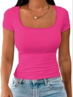 2025 New Arrival - Women'S Pink Short Sleeve T-Shirt With Round Neckline, Stretchy Fabric, Summer Casual Top, Casual Wear | Round Neck Tee | Stretchy Material