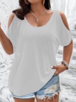 Plus Size Solid Cold Shoulder T-Shirt, Casual Crew Neck Short Sleeve T-Shirt, Women'S Plus Size?Clothing - Image 9