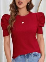 Women'S Elegant Solid Color Short Sleeve T-Shirt With Puffed Sleeves & Ruffled Shoulders - Round Neck Regular Fit Machine Washable All-Season Versatile Top, Casual Wear, Decorative Shoulder Accessory, Nontransparent Material