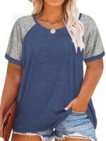 Plus Size Women'S Summer Casual Raglan Color Block T-Shirt - Teal & Heather Grey Short Sleeve Loose Fit Tee, Breathable Round Neck Top For Casual Attire, Ladies T Shirts, Smooth Texture Shirt, Soft Fabric Tee - Image 6