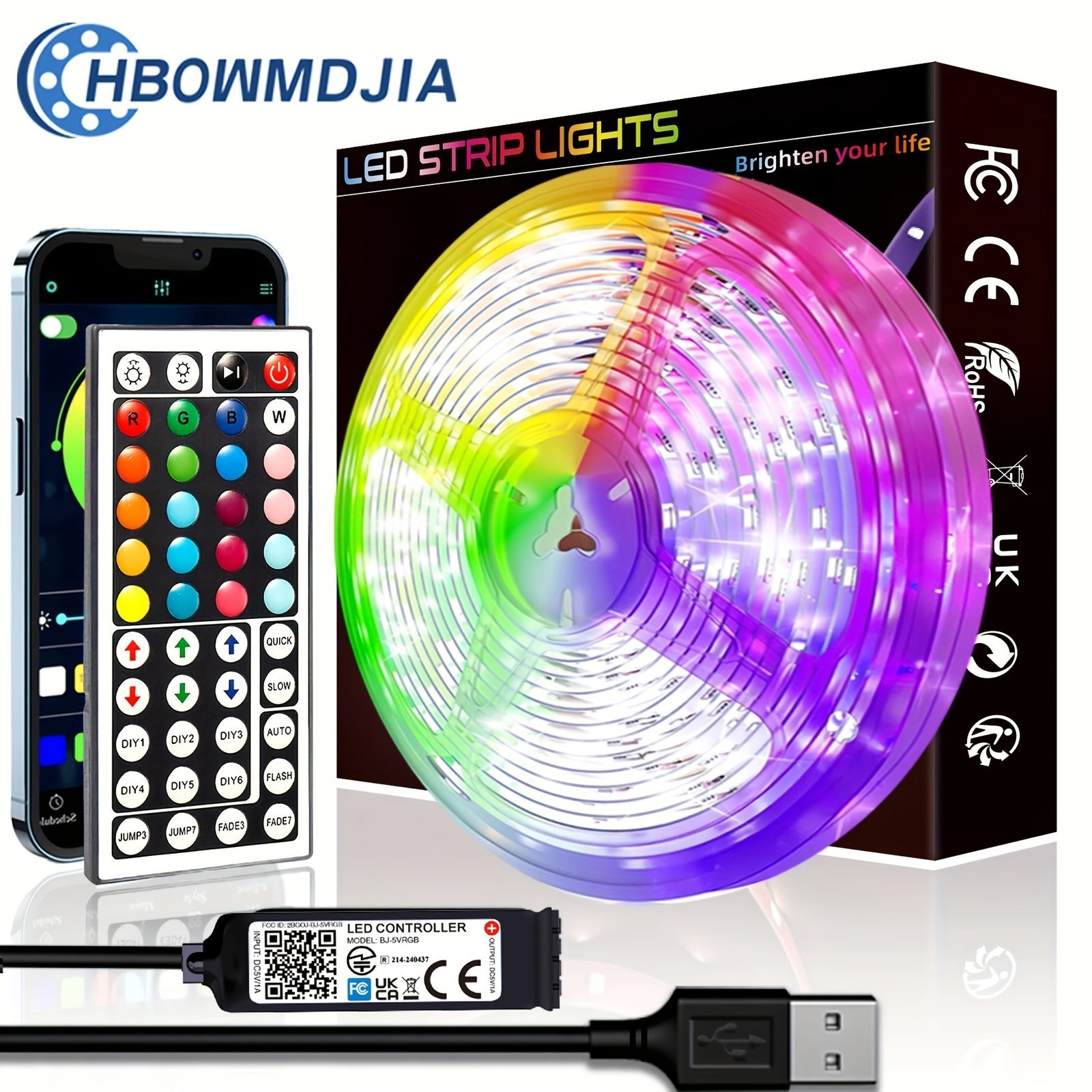 product-fancy-4d8a545f-e5d9-47a5-8f03-277fd32d5cda.jpg Hbowmdjia Led Light For Bedroom,With App Control And 44Key Remote Control,Can Be Timed And Changes Color Sync With App. Length Can Be Cut.Easy To Install. Used For Room Decoration, Tv Background Light, Party Light, Bedroom Night Light, And Fun Light. - Image 1