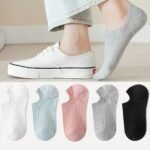 5-Pack Women'S Elegant Invisible No-Show Ankle Socks - Soft Polyester Blend, Seamless Comfort, All-Season Wear, Assorted Neutral Colors (White, Light Blue, Pink, Grey, Black), Cute Socks, Casual Footwear, Minimalist Design, Comfortable Wear