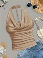Women'S Sexy Halter Neck Sleeveless Top - Semi-Sheer Stretchy Slim Fit Backless Shirt, Vibrant Yellow Solid Color, Machine Washable For Casual & Evening Outfits, Evening Wear, Backless Design, Sensual Apparel, Semitransparent Material - Image 6