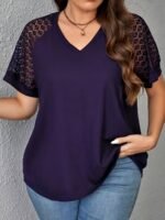 Plus Size, Plus Size Spring-Summer New Elegant Contrast Lace Splicing T-Shirt For Women Short Sleeve - Image 6