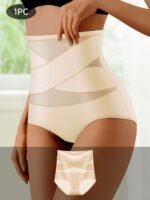 1Pc Women'S High-Waist Shapewear Panties, Comfortable Skin-Friendly Breathable, Elegant Style, No Padding, Cross Strap Detail, Medium Support, Knit Fabric, Solid Color, Nylon Material, Triangle Underwear - Image 2