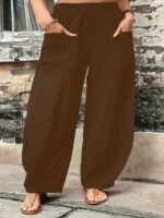 Plus Size Dual Pockets Baggy Pants, Casual Elastic Waist Pants For Spring & Fall, Women'S Plus Size Clothing - Image 2
