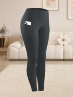 Women'S Plus Size High Waist Tummy Control Leggings With Side Pockets, 88% Polyester 12% Elastane, Knit Fabric, Stretchy Cropped Yoga Pants For Running & Fitness, All Season Solid Color Athletic Skinny Pants - Image 5