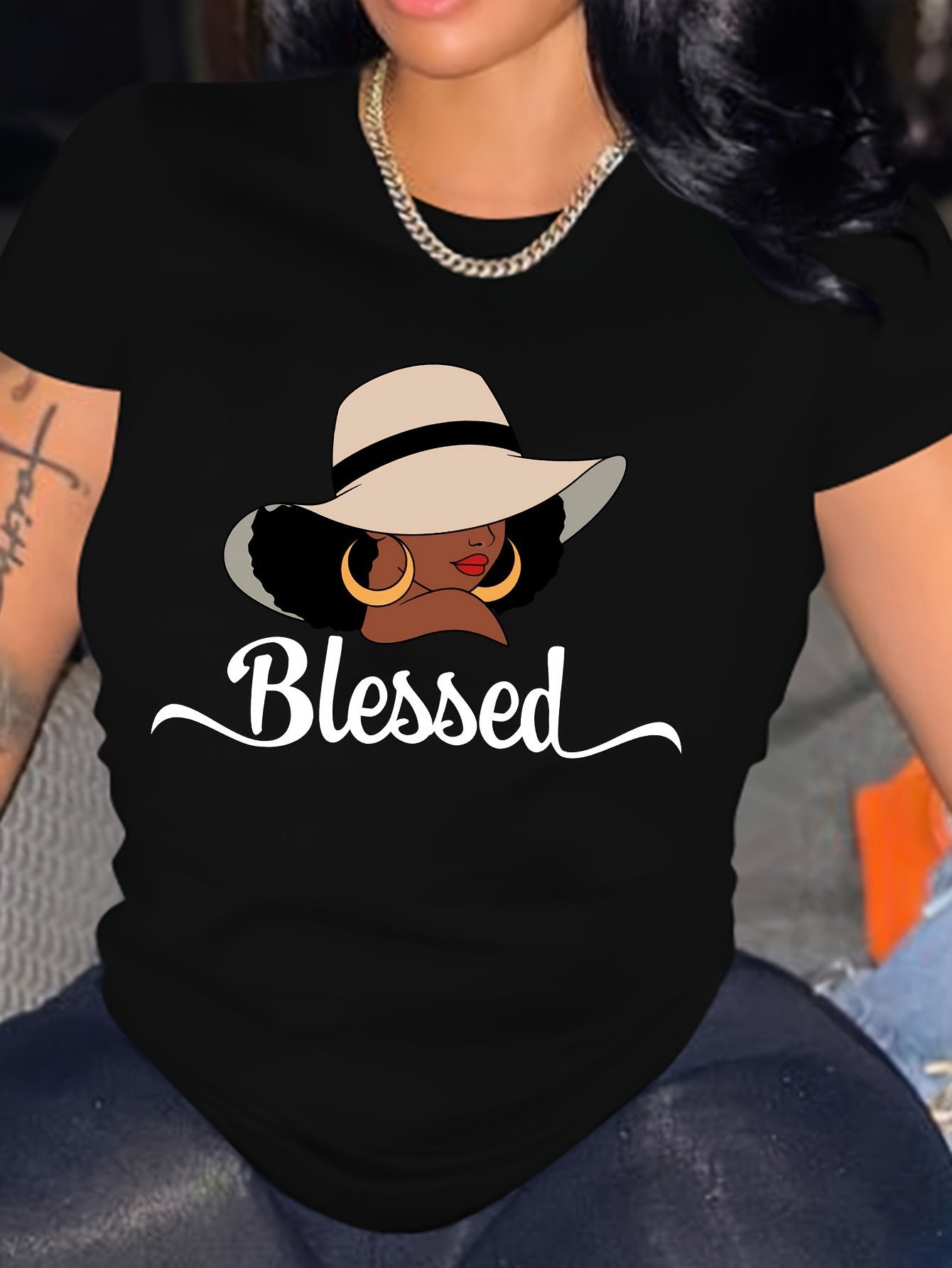 product-fancy-4ecff88e-90ad-47ba-a0b9-ac62bd495b0d.jpg Portrait Print T-Shirt, Casual Short Sleeve Crew Neck Top For Spring & Summer, Women'S Clothing - Image 1