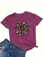 Women'S Casual Short Sleeve T-Shirt - Vibrant Orange Geometric Floral Print, Relaxed Fit Round Neck, Machine Washable Summer Top, Soft Texture Shirt - Image 3