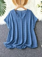 Plus Size - Women'S Elegant V-Neck Bat Sleeve T-Shirt - Slim Fit, Short Sleeve, Black Top With Ruffled Hem, Perfect For Casual Or Chic Outfits, Versatile Clothing | Ruffled Hem Top | Construction, Ladies T Shirts - Image 7