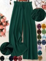 Women'S Plus Size Green Wide-Leg Pants - Non-Stretch, Straight Leg, Spring/Summer Fashion, Drawstring Waist, Casual Wear, Casual Wear Pants|Wide Leg Fashion|Drawstring Waistband, Plus Size Pants