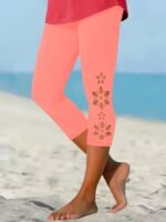 Plus Size Side Floral Print Capri Leggings, Casual High Waist Stretchy Leggings For Spring & Summer, Women'S Plus Size Clothing