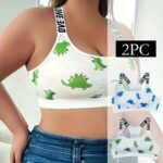 2Pcs Plus Size Wire-Free S Bras With Cute Dinosaur Print & Cut-Out Details - 95% Polyester 5% Elastane Medium Support Breathable For Workouts & Casual Wear