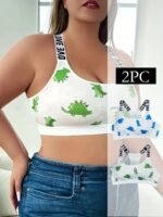 2Pcs Plus Size Wire-Free S Bras With Cute Dinosaur Print & Cut-Out Details - 95% Polyester 5% Elastane Medium Support Breathable For Workouts & Casual Wear